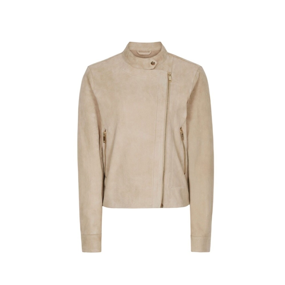 Reiss Suede‎ Biker Jacket Womens 4 Beige Asymmetric Zip Moto Neutral Minimalist